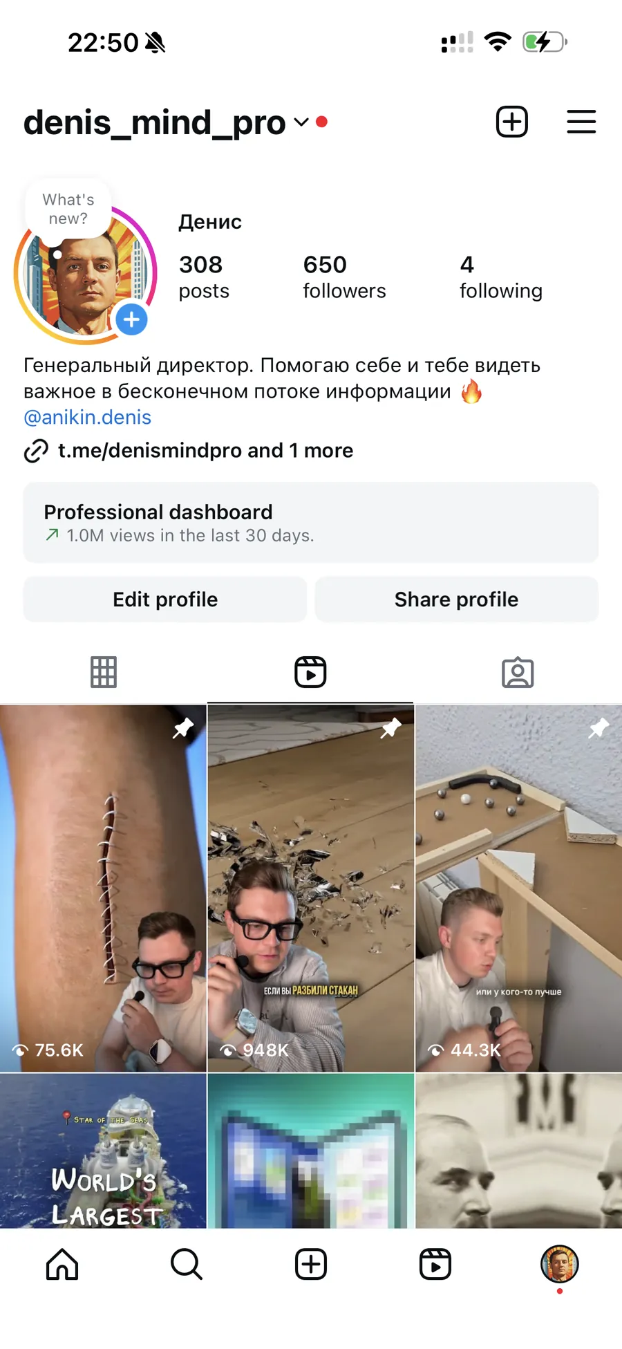 Профиль: 308 видео, 650 подписчиков