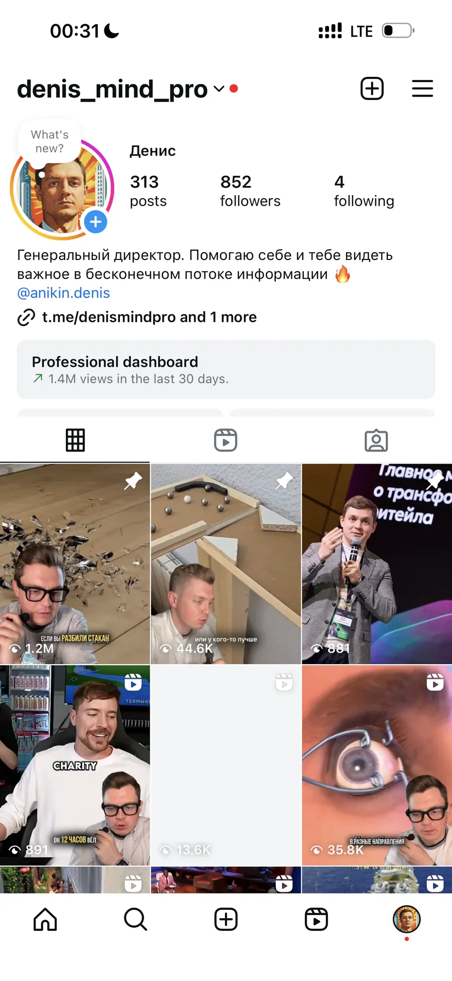 Профиль: 313 видео, 852 подписчика