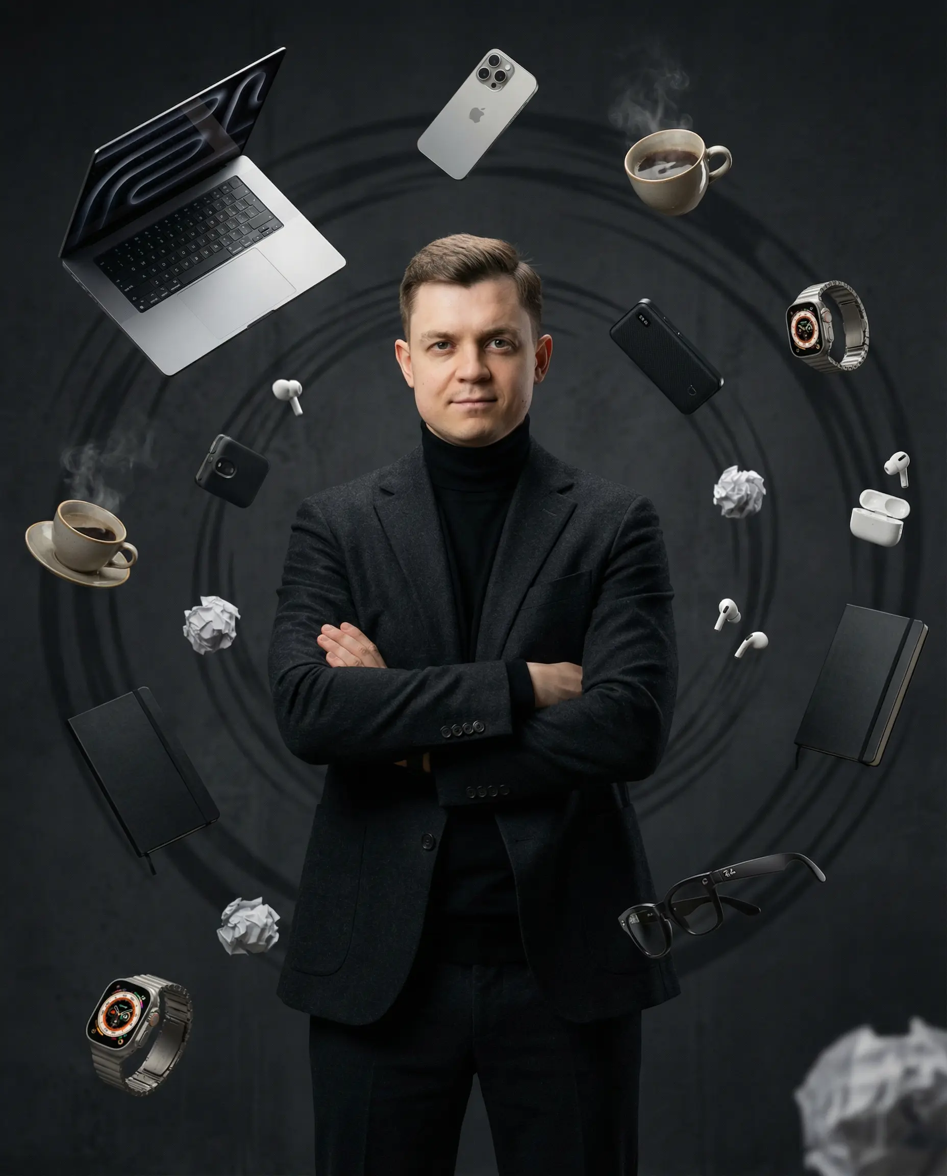 Denis Anikin - Tech entrepreneur and former fashion CEO surrounded by floating tech devices representing focus in chaos
